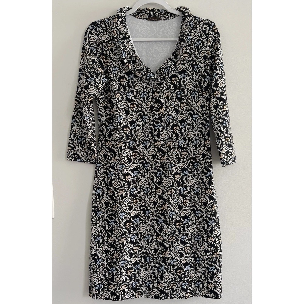 J.McLaughlin Paisley Collared Knit Dress Ruffled Neck Size S 3/4 Sleeve Stretch